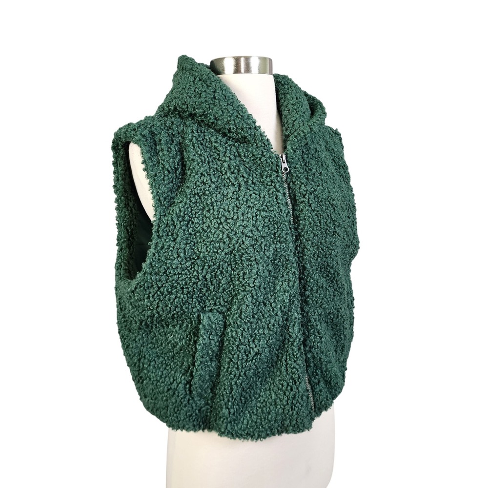 Double Zero Womens Hooded Teddy Sherpa Vest Size Medium Green Full Zip Cropped
